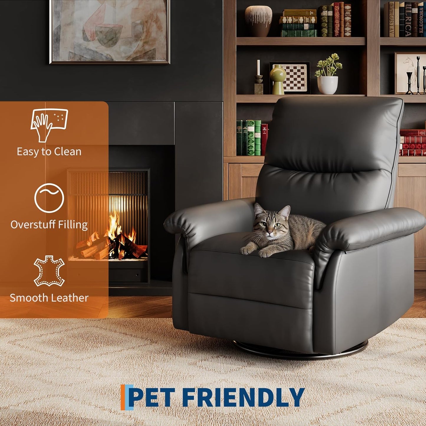 Power Recliner Chair, 270° Swivel Rocking Glider with USB Charging Port, PU Leather Upholstered Fabric and Button Tufted Backrest, Ergonomic Nursery Chair for Living Room (Beige)