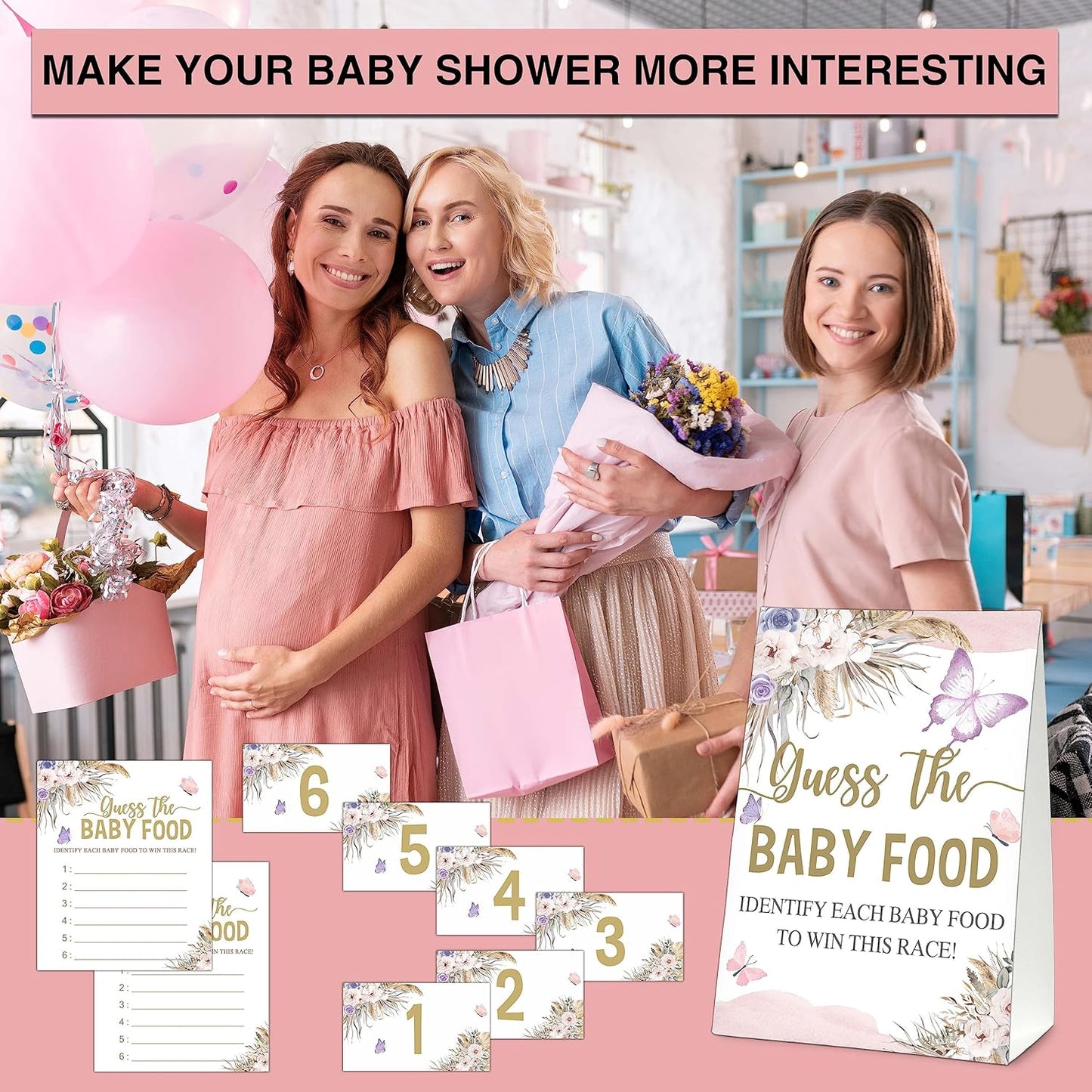 Guess the Baby Food Party Games, Baby Shower Game Set, 1 Standing Sign + 25 Answer Cards + 6 Number Cards, Boho Wild West Gender Reveal Party Decoration Supplies -B05