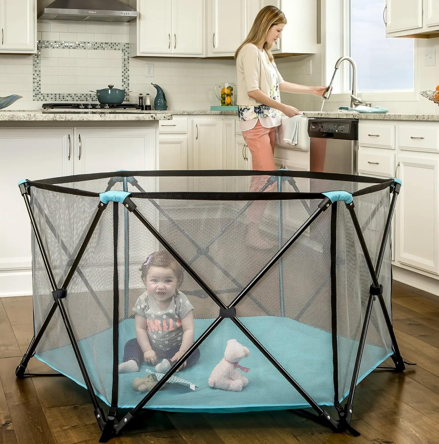 Regalo Safety My Play Portable Baby Playpen & Play Yard, Foldable 6-Panel Indoor Outdoor Playpen for Babies & Toddlers, Mesh Sides, Washable Fabric, 48”, Aqua/Black