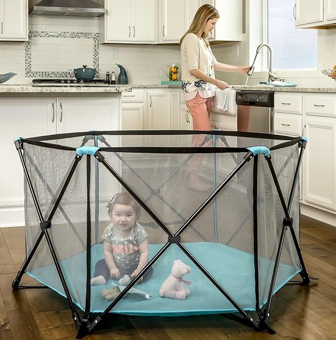 Regalo Safety My Play Portable Baby Playpen & Play Yard, Foldable 6-Panel Indoor Outdoor Playpen for Babies & Toddlers, Mesh Sides, Washable Fabric, 48”, Aqua/Black