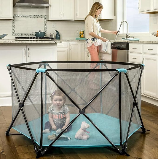 Regalo Safety My Play Portable Baby Playpen & Play Yard, Foldable 6-Panel Indoor Outdoor Playpen for Babies & Toddlers, Mesh Sides, Washable Fabric, 48”, Aqua/Black