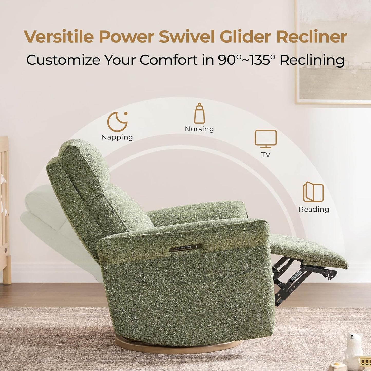 CHITA Power Recliner Chair, Electric Triple-Motor Swivel Glider Nursery Rocking Chair with Adjustable Power Headrest and Lumbar Support, GREENGARD Gold Certified, Solid Wood Base, Khaki Grey