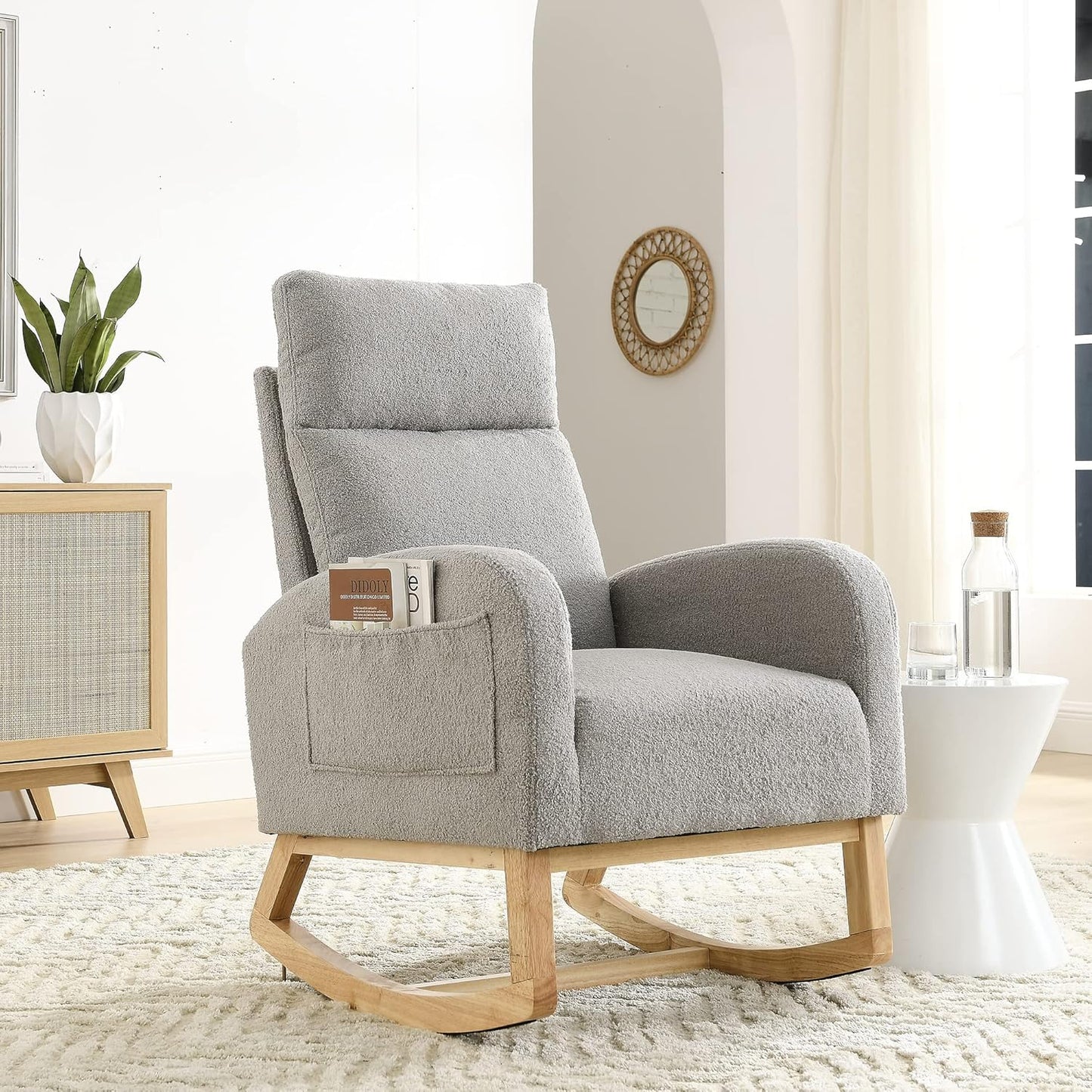 Nursery Rocking Chair with Solid Wood Legs, Glider Chair for Nursery with Two Side Pockets, Rocker Armchair for Living Room Bedroom (Ivory White, Teddy Fabric)