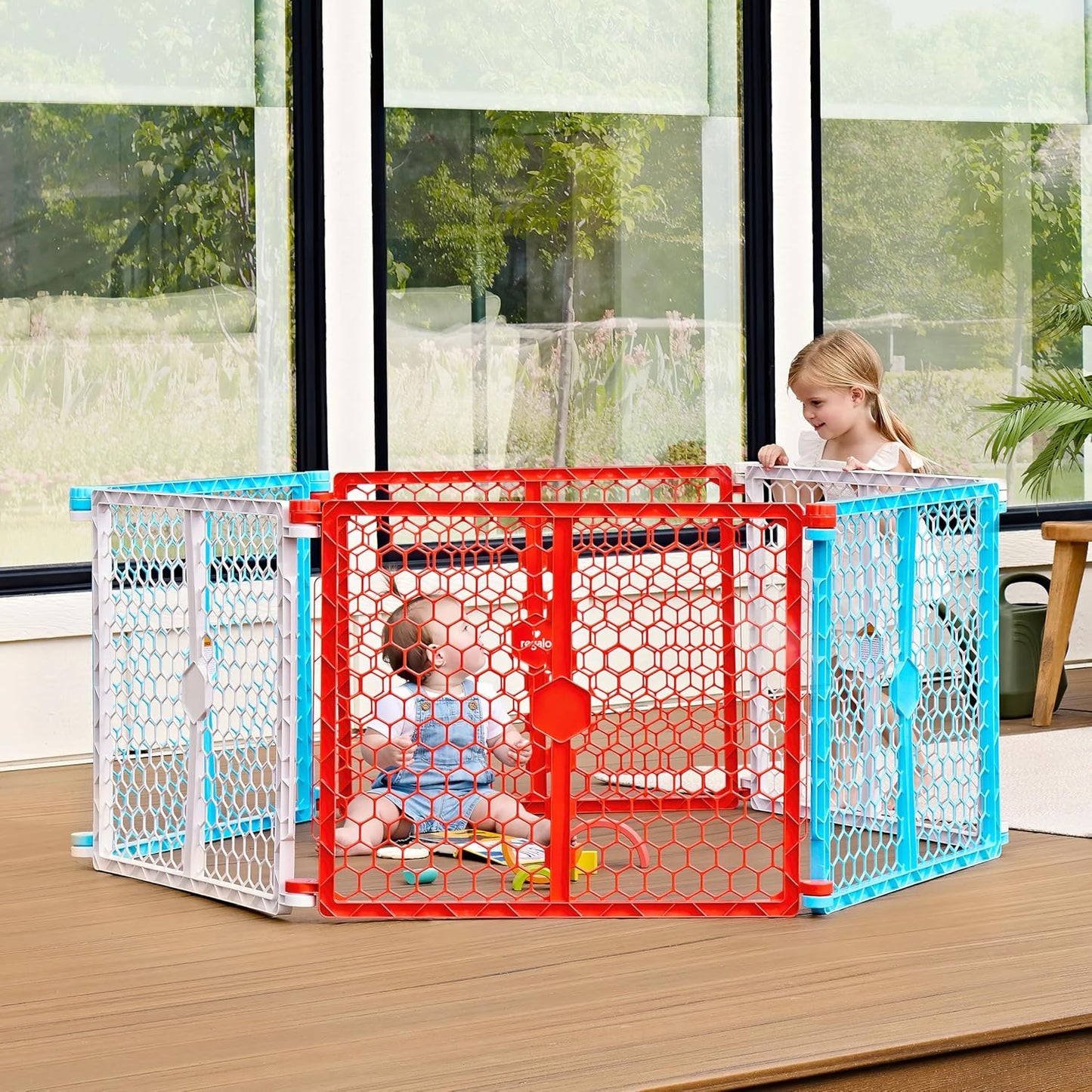 Regalo Safety 192" Super Wide Baby Gate & Play Yard, 2-in-1 Adjustable Playpen for Babies, Toddlers & Pets, Includes Wall Mount Kit, Plastic, Gray