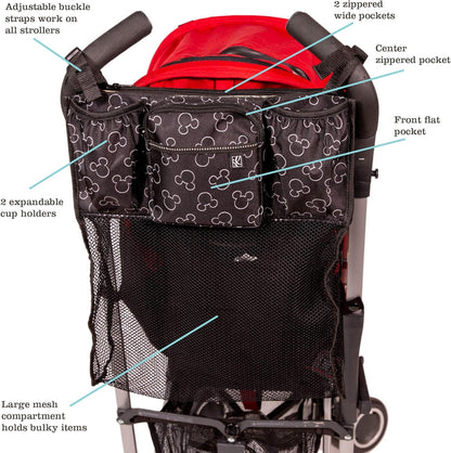 Disney Baby by J.L. Childress Cups 'N Cargo Stroller Caddy Organizer with Cup Holder - Stroller Accessories Bag, Travel Essential, Mesh Storage Attachment, Universal Fit - Mickey Mouse, Black