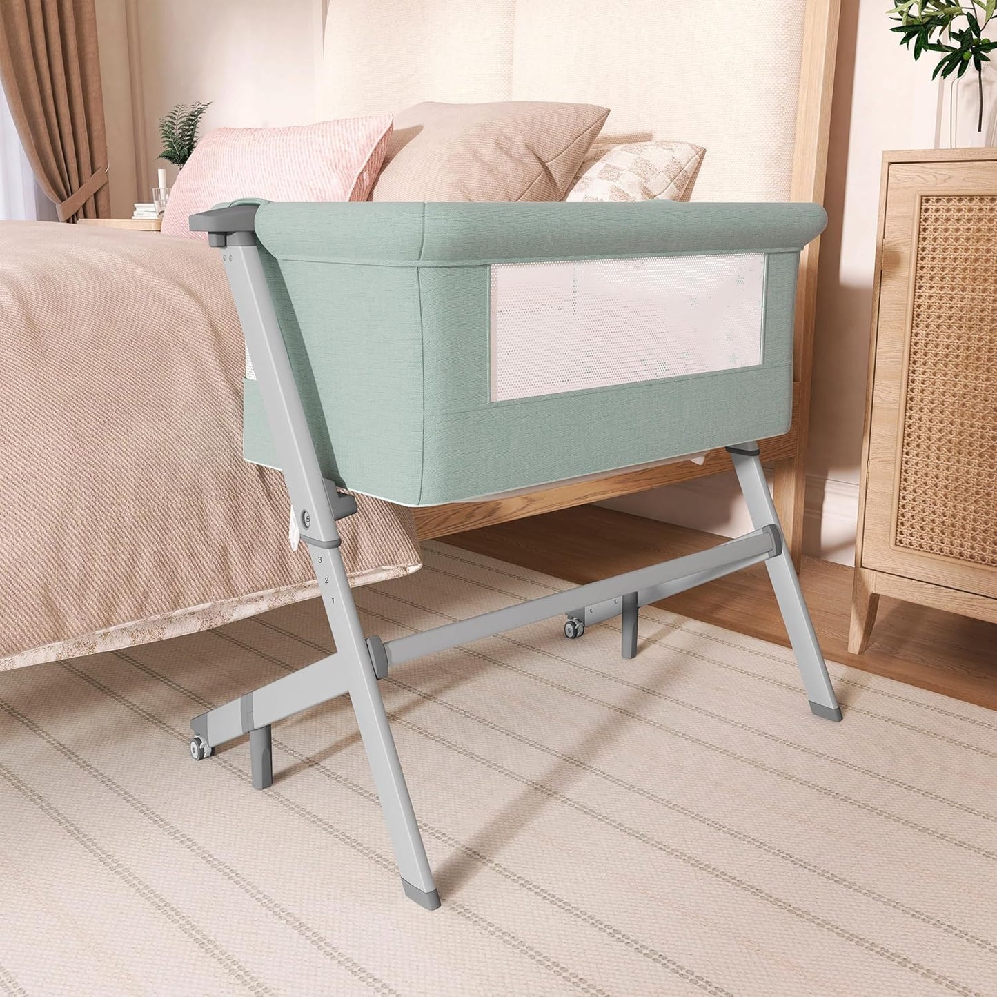 Dream On Me Skylar Bassinet and Bedside Sleeper, Adjustable Heights, Breathable Mesh Sides, Plush Mattress Pad, Wheels with Safety Locks & Tool-Free Assembly, Compact Fold & Travel Bag - Pink