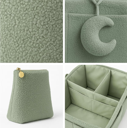 Orelle Bouclé Diaper Caddy Organizer with Matching Pouch & Moon Pendant | Teddy Portable Changing Table Organizer | Must-Have Baby Shower Gifts | Cream
