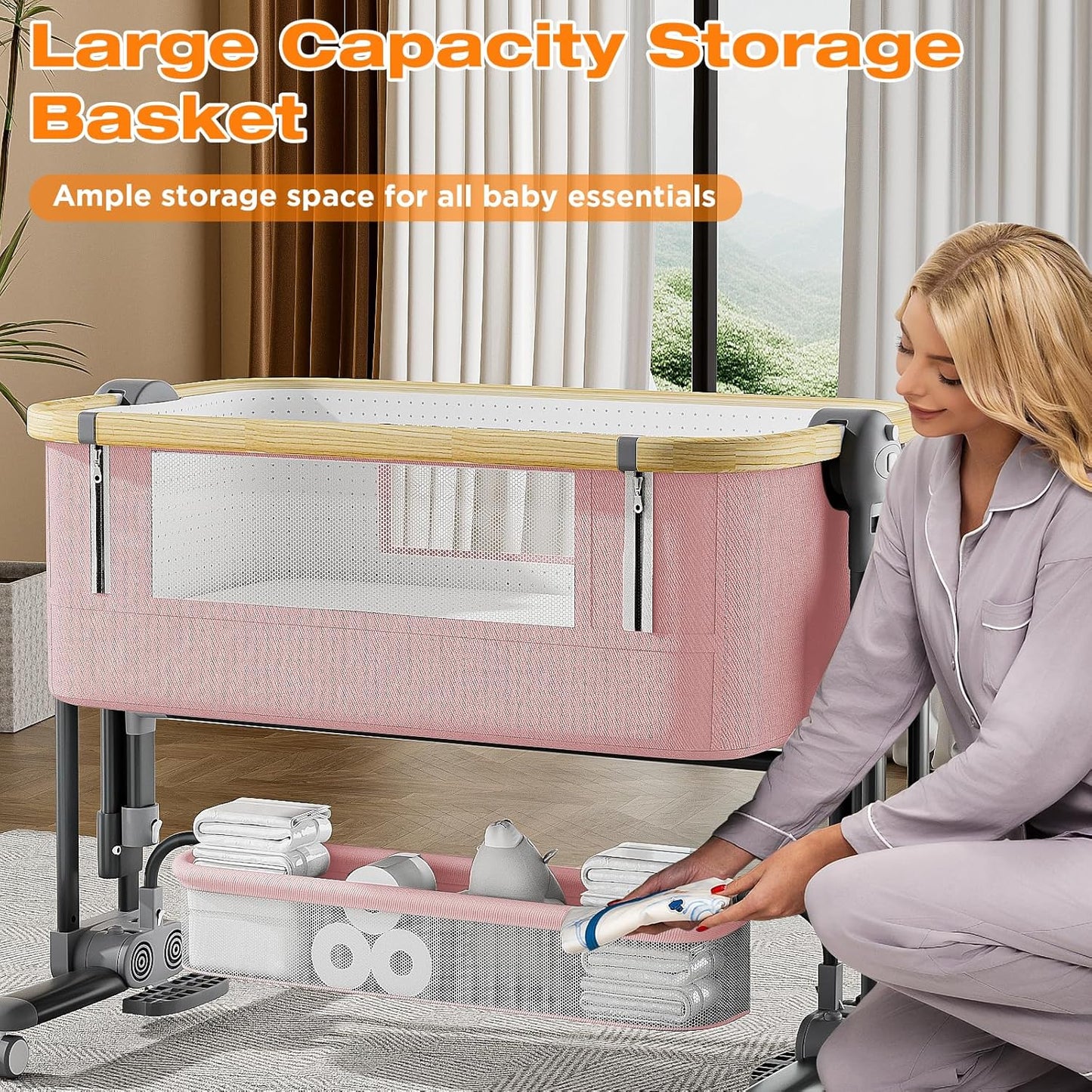 4 in 1Baby Bassinet,Bedside Bassinet for Baby, Rocking Bassinet with Comfy Mattress and Wheels, 7 Height Adjustable Easy Folding Portable Bedside Crib for Newborn