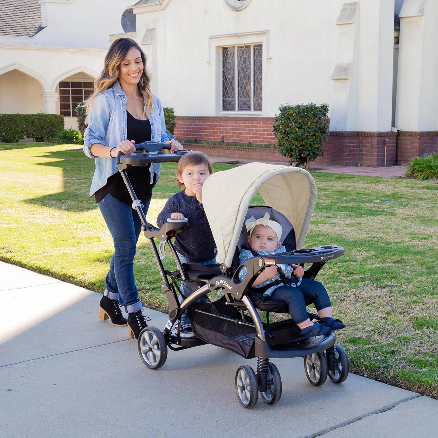 Baby Trend Double Infant and Toddler Stroller w/ Harness and Basket, Sit N' Stand, Khaki