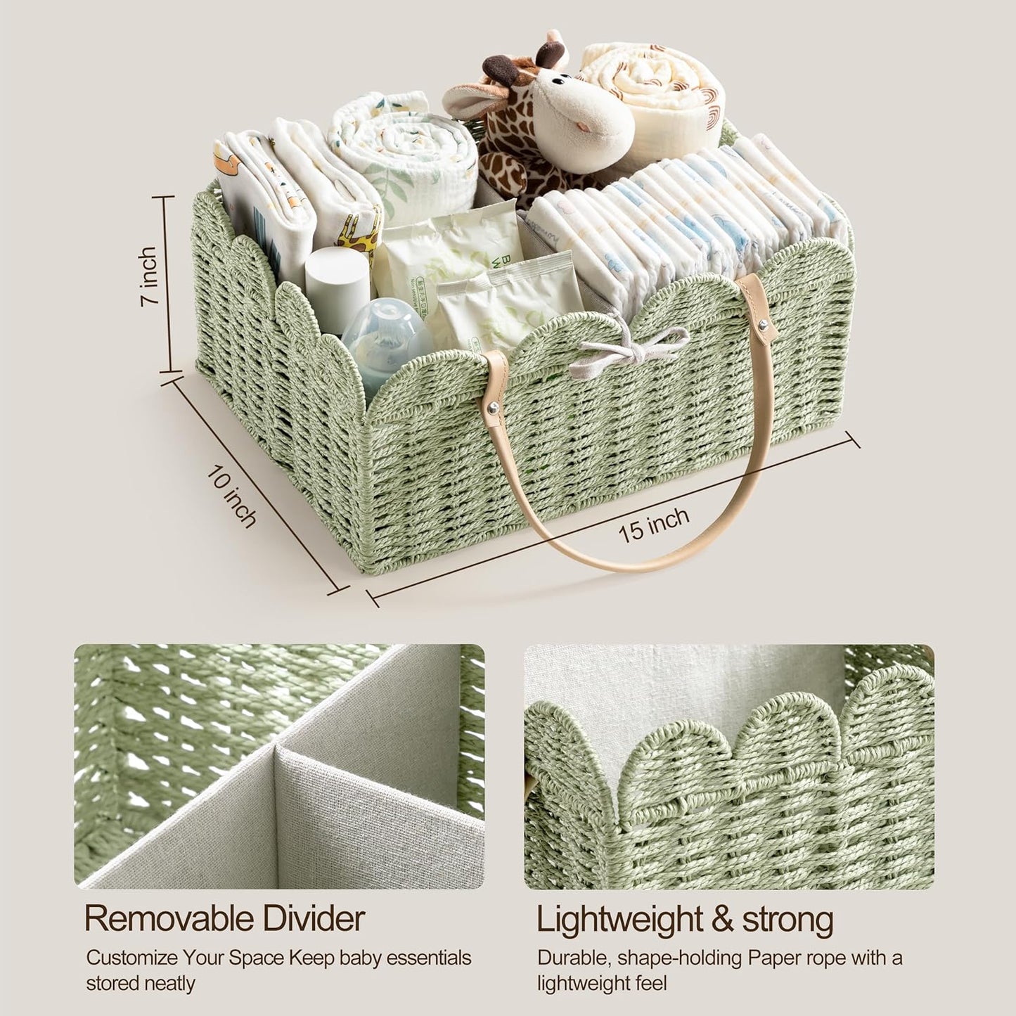 HBlife Large Baby Diaper Caddy, Paper Rope Storage Baskets Nursery Bin with Removable Divider, Portable Car Organizer for Diapers, Baby Shower Gifts, Newborn Essentials Must Haves