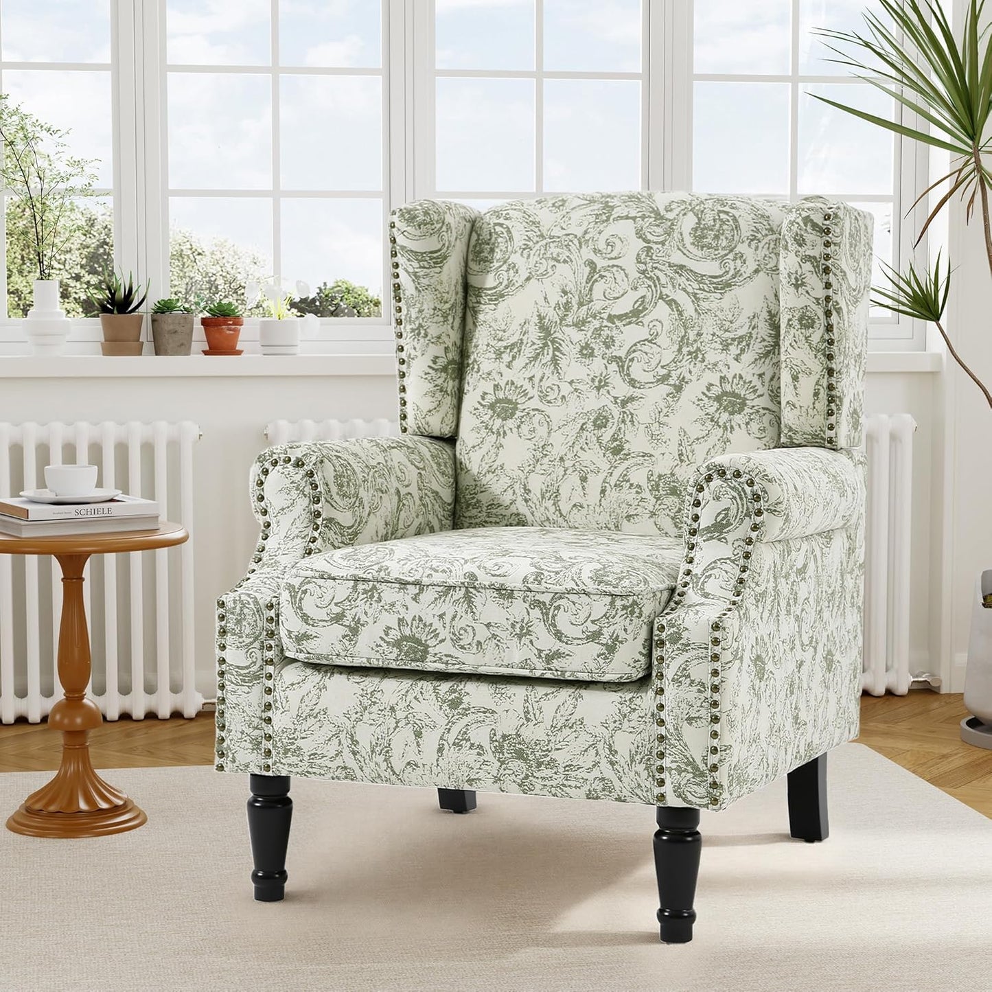 Swivel Rocker Recliner Chair, Manual Nursery Glider Recliner, Floral Fabric Wingback Accent Chair with Adjustable Backrest & Footrest for Small Spaces Living Room Bedroom (Plants Floral, Set of 1)