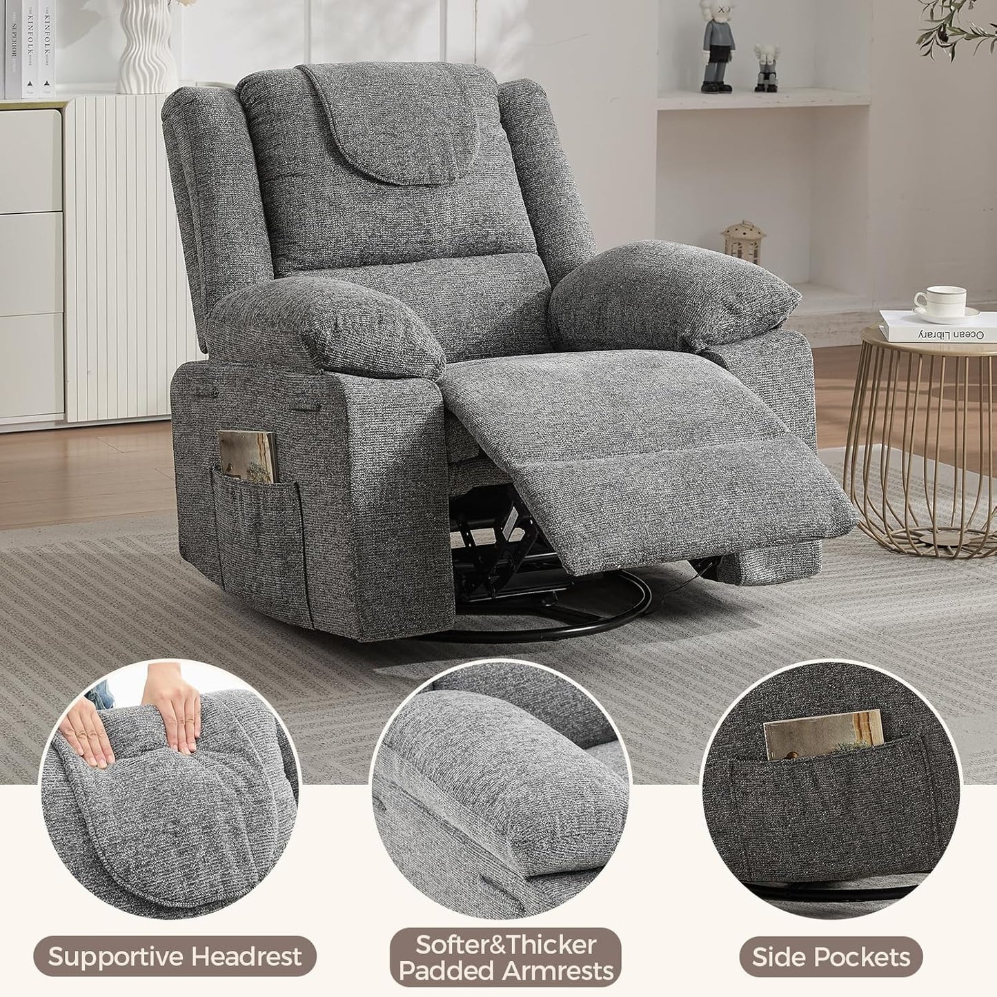Adults Oversized Rocking Nursery Glider Recliner Chair,360° Swivel Rock Recliner Chairs Single Sofa with Vibration Massage and Heating for Living Room/Bedroom,Blue