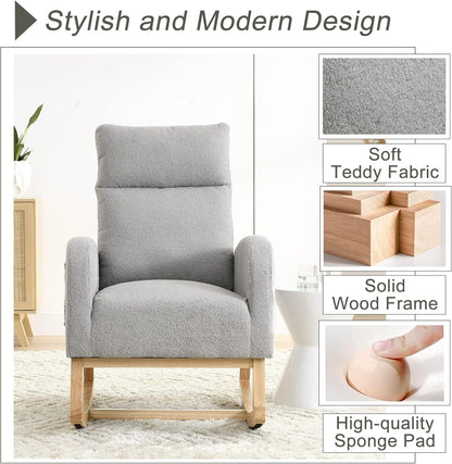Nursery Rocking Chair with Solid Wood Legs, Glider Chair for Nursery with Two Side Pockets, Rocker Armchair for Living Room Bedroom (Ivory White, Teddy Fabric)