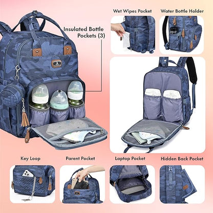 Dikaslon Diaper Bag Backpack with Portable Changing Pad, Pacifier Case and Stroller Straps, Large Unisex Baby Bags for Boys Girls, Multipurpose Travel Back Pack for Moms Dads, Camo