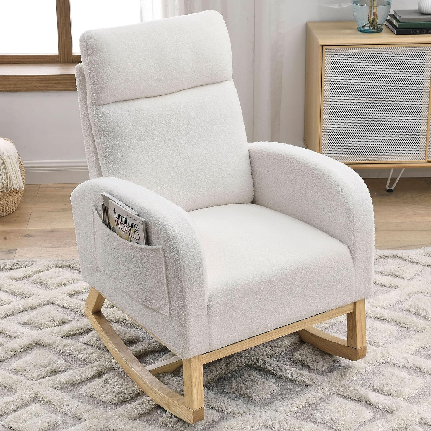 Rocking Chair Nursery, Glider Chair with High Back and Side Pocket, Solid Wood Frame Armchair with Non-Slip Padding for Nursery, Living Room, Bedroom (Ivory)