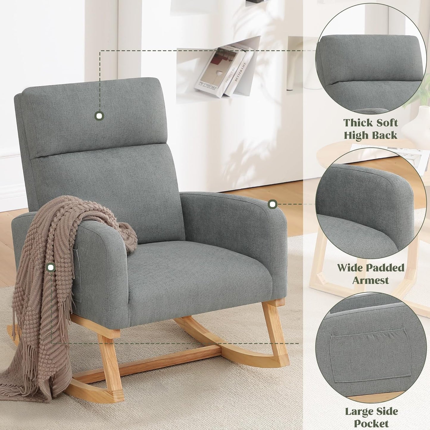 HCHAIRH Rocking Chair Nursery, Upholstered Fabricr Nursing Rocking Chairs with Soft High Back, Modern Nursery Glider Rocker for Mom Living Room, Bedroom, Camel