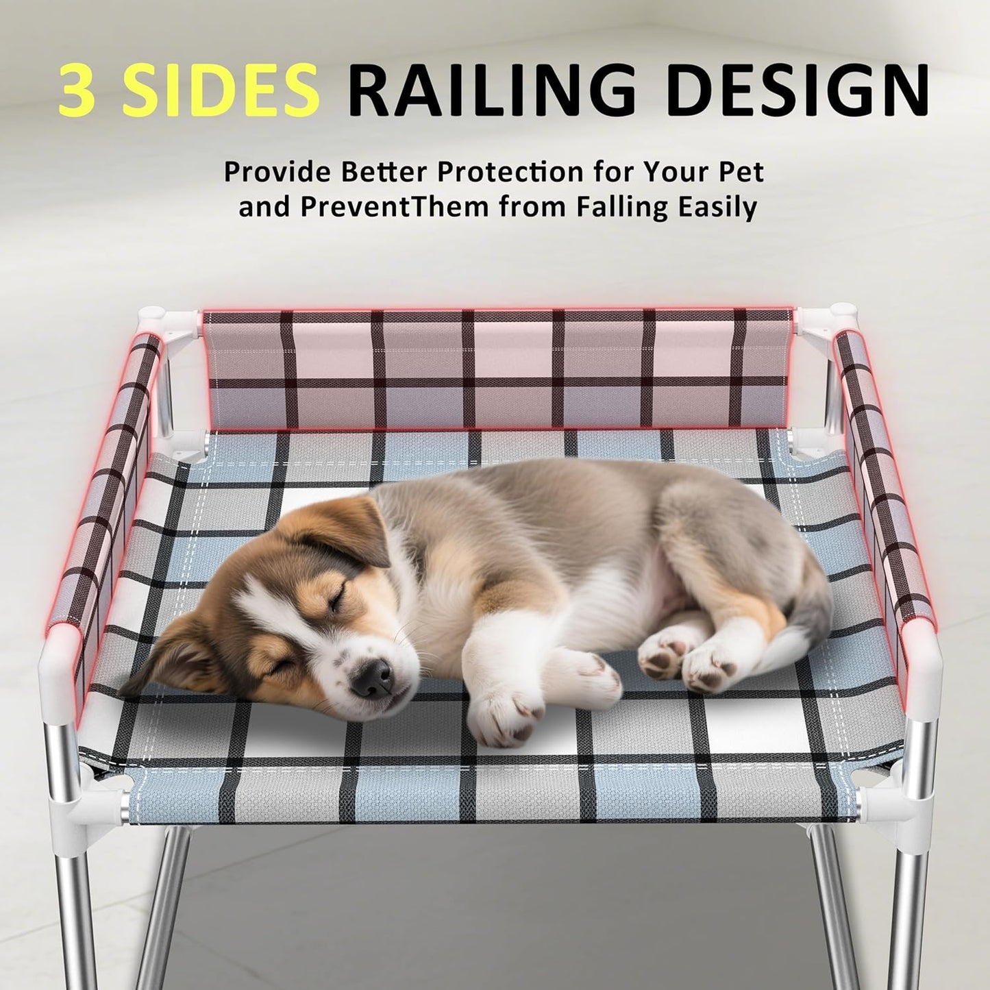 Bedside Window Pet Cat Bed - Dog Bed with Guardrail Extension Attached to Human Bed Height Elevated Dogs Cats Window Perch Bedside Dog Cot Sleeper Hammock Furniture Pet Beds (34'' x 20'' x 24'')