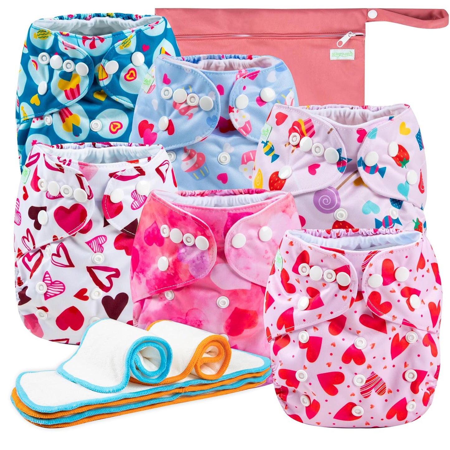 wegreeco Cloth Diapers 6 Pack with 6 Inserts & 1 Wet Bag, Washable Cloth Diapers for Babies, One Size Adjustable Reusable (Flower)