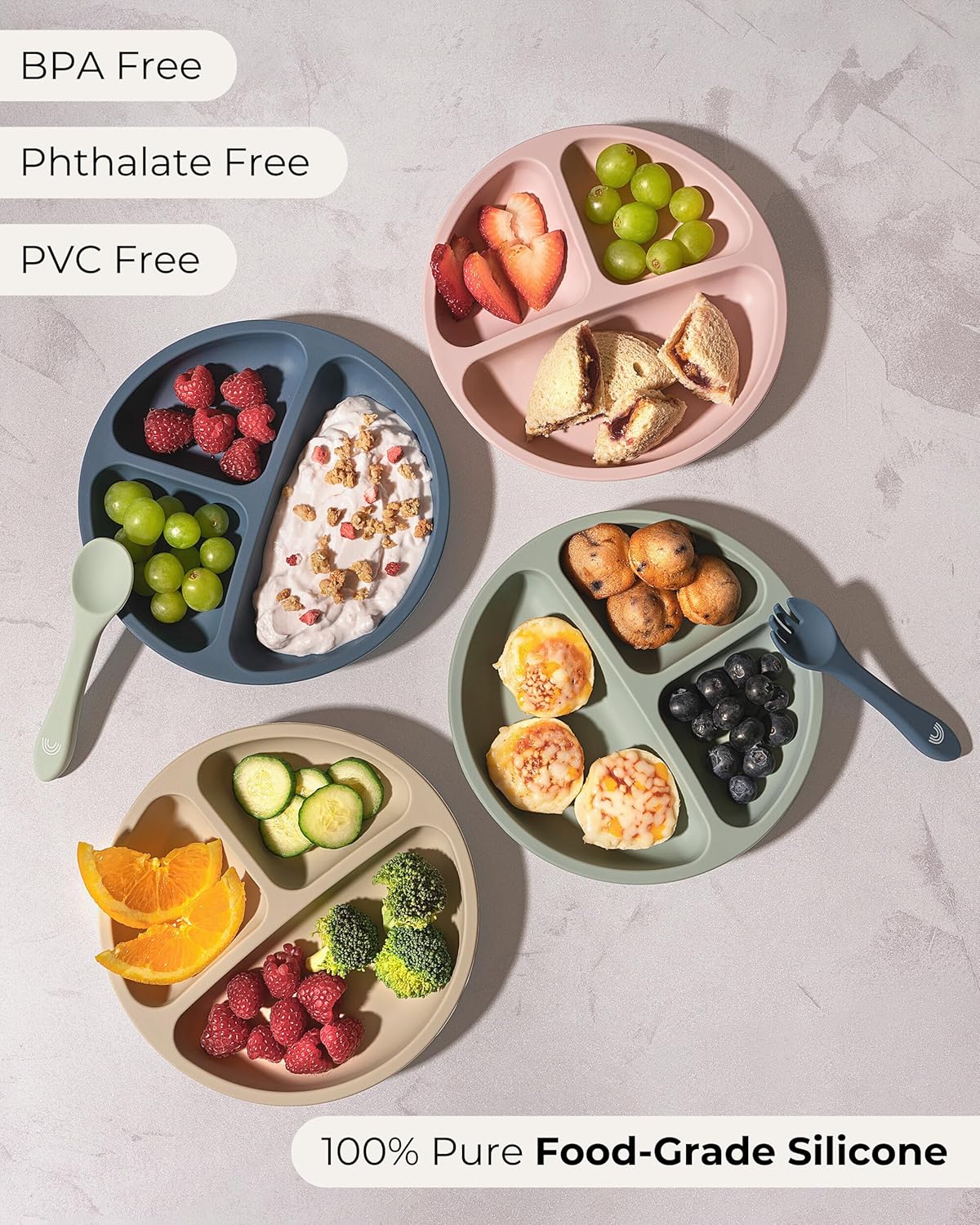 Hippypotamus Toddler Plates with Suction - 100% Food-Grade Silicone Baby Plates with Lids - Microwave & Dishwasher Safe - BPA Free - Set of 3 (Pink/Mint/Lavender with LIDS)