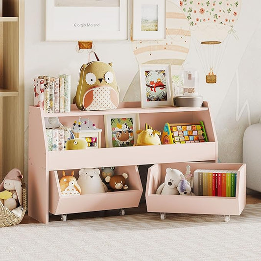 Fulhope Toy Storage Organizer for Kids, Toy Storage Cabinet with Drawers, Boys and Girls Toy Shelf with Wheels, Toy Organizer Kids Bookshelf with Storage for Nursery, Playroom, Bedroom (Light Pink)