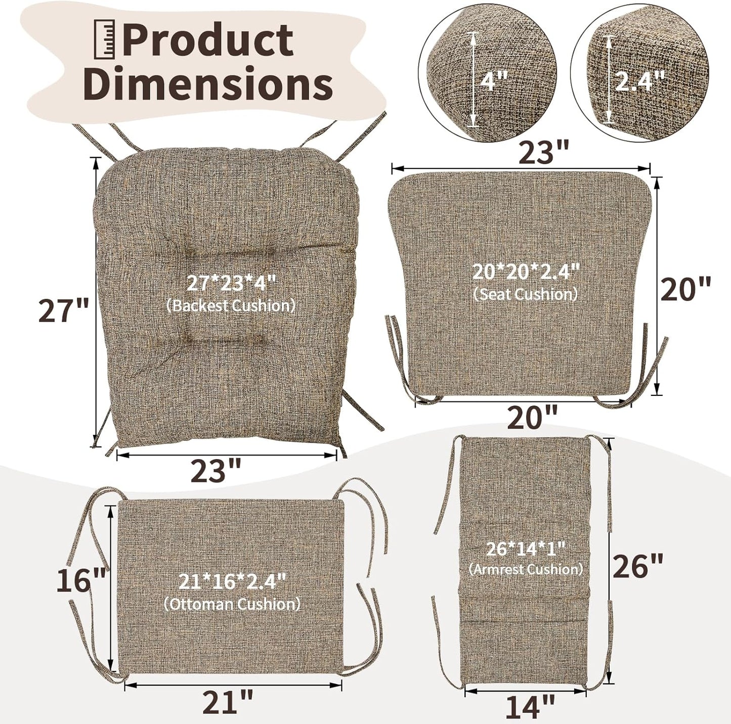 SINOSSO Glider Rocker Cushion Set (5 Pcs), Soft Blended Fabric High-Density Support Foam Seat Cushions with Ties, Fits Rocking Chair/Nursery Glider & Ottoman, Black-Gray