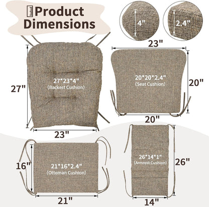 SINOSSO Glider Rocker Cushion Set (5 Pcs), Soft Blended Fabric High-Density Support Foam Seat Cushions with Ties, Fits Rocking Chair/Nursery Glider & Ottoman, Black-Gray
