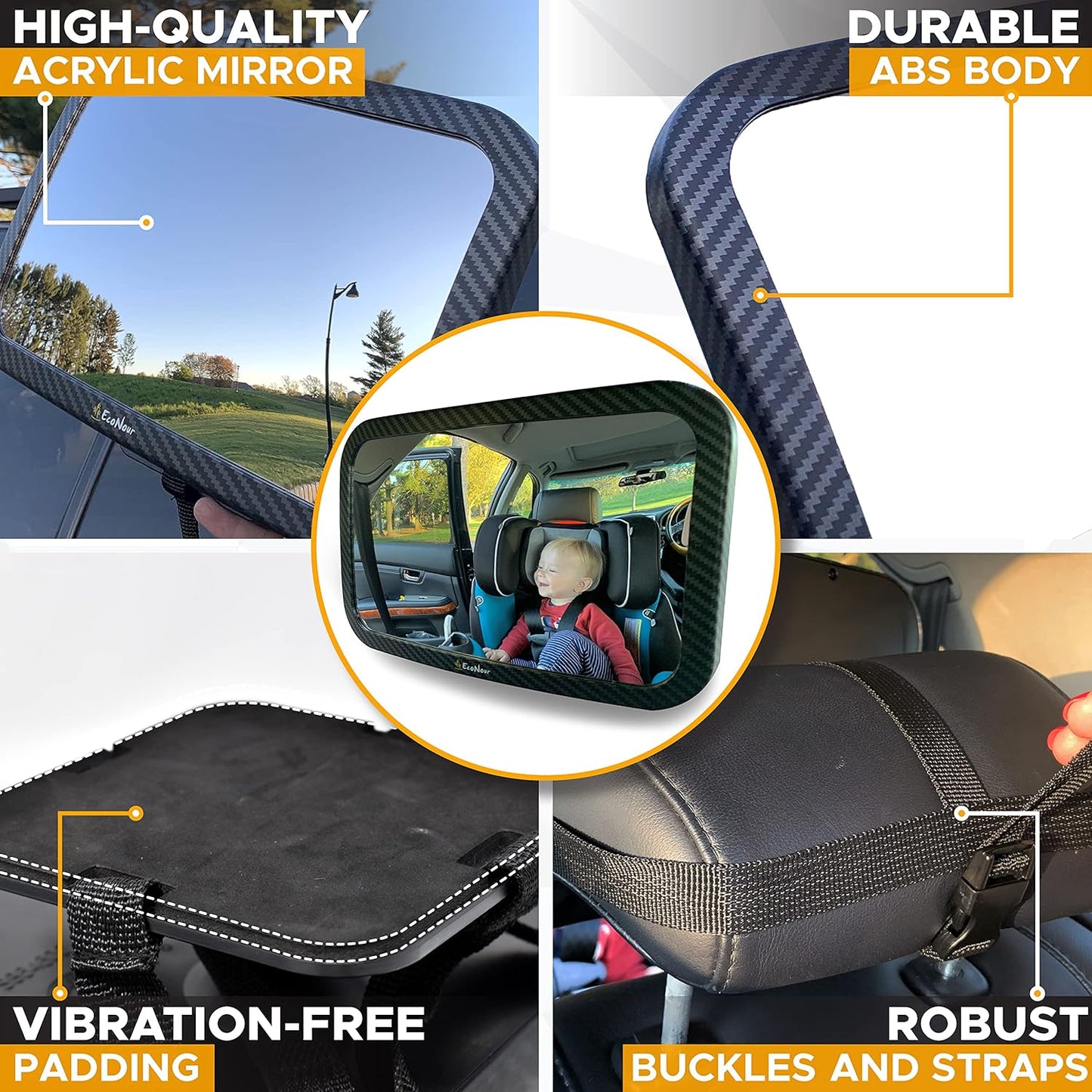 EcoNour Baby Car Mirror - 11.5 x 7.5 inches Safety Seat Mirror for Rear Facing Infant with 360 Degree Rotatable Shatterproof Design - Monitor Your Child While Driving
