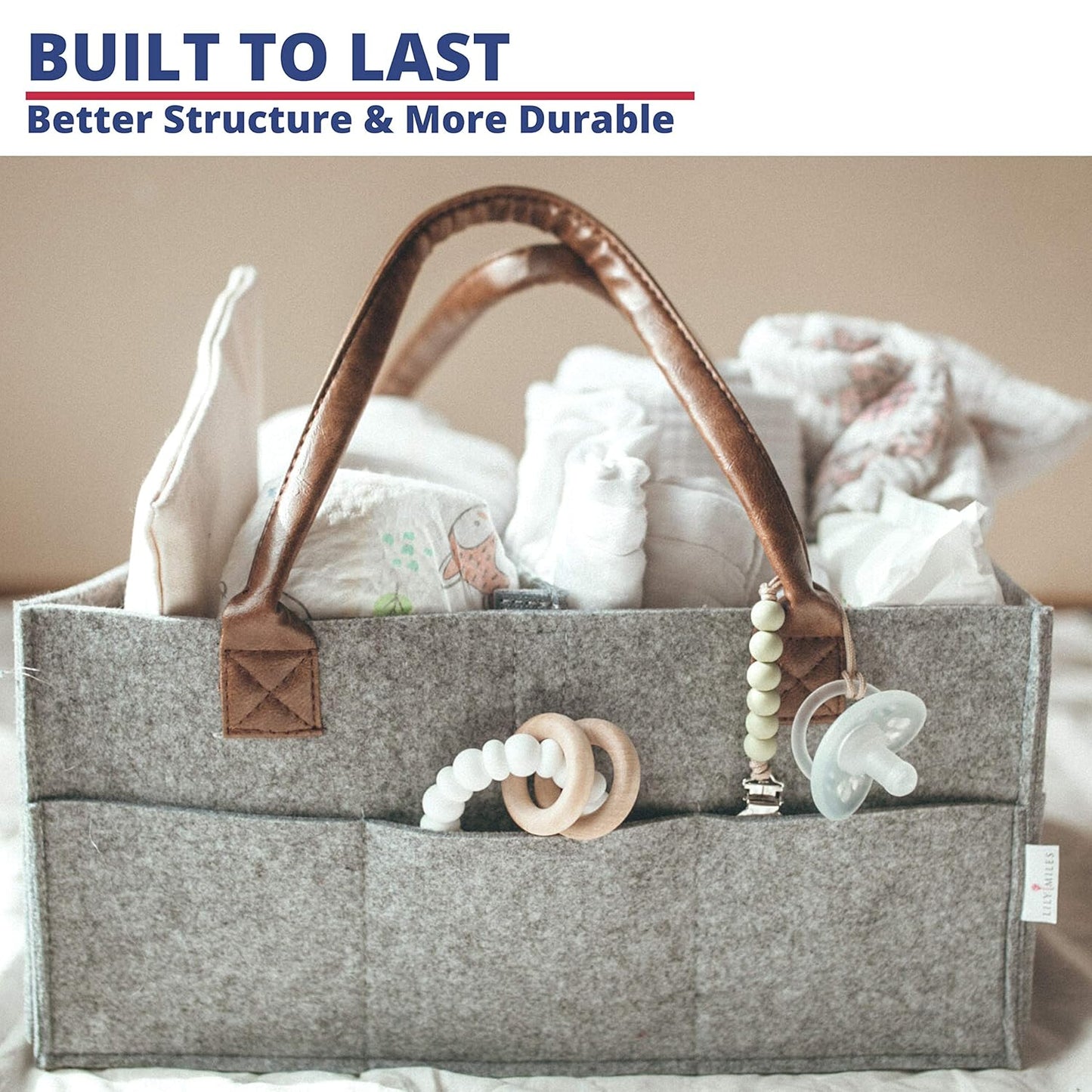Lily Miles Baby Diaper Caddy Organizer, Nursery Storage Basket for Newborn Essentials, Neutral Gift for Baby Shower, Registry Must-Have, Car Organizer for Diapers and Wipes - Sand, Large