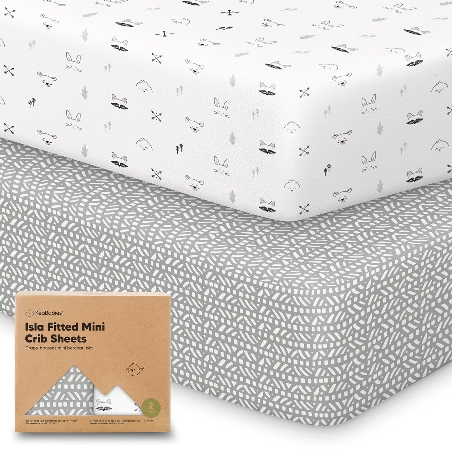 2-Pack Waterproof Pack and Play Sheets, Mini Crib Sheets Fitted for Boy, Girl - 38 x 26 Viscose from Bamboo Pack N Play Mattress Sheets for Graco, Toddler Playard Baby Crib Sheets Neutral (Blue Flax) - Colors A