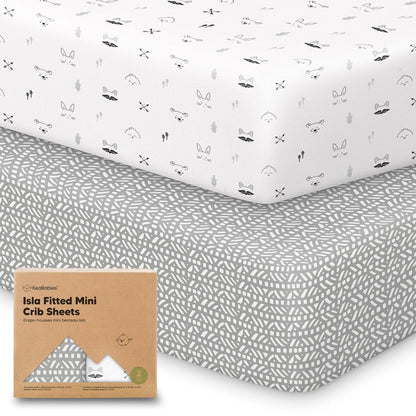 2-Pack Waterproof Pack and Play Sheets, Mini Crib Sheets Fitted for Boy, Girl - 38 x 26 Viscose from Bamboo Pack N Play Mattress Sheets for Graco, Toddler Playard Baby Crib Sheets Neutral (Blue Flax) - Colors A