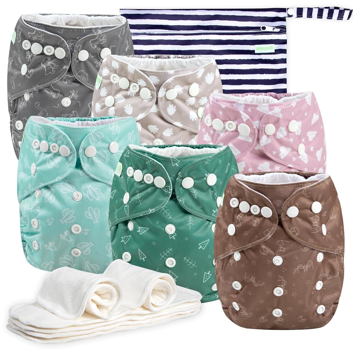 wegreeco Cloth Diapers 6 Pack with 6 Inserts & 1 Wet Bag, Washable Cloth Diapers for Babies, One Size Adjustable Reusable (Flower)