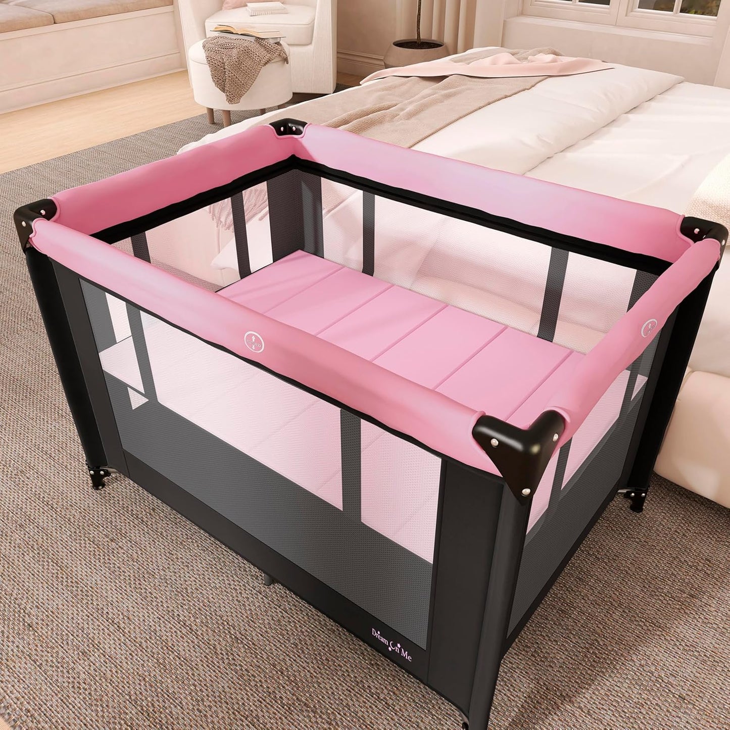 Dream On Me Zazzy Portable Playard with Bassinet in Black, Lightweight Packable and Easy Setup Baby Playard with Mattress and Travel Bag