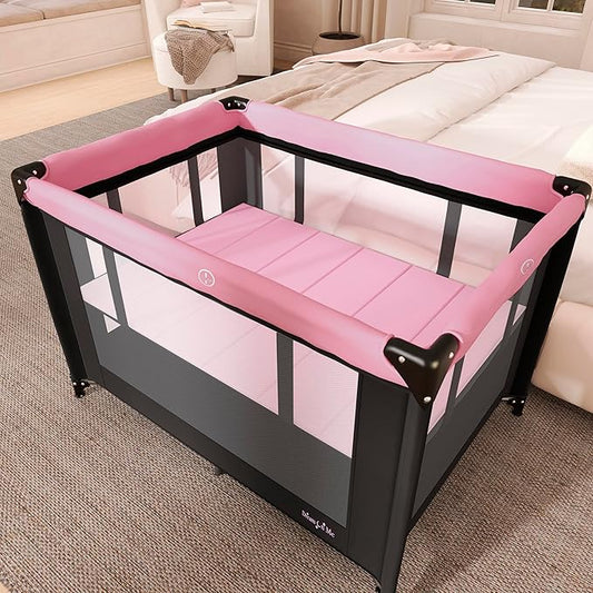 Dream On Me Zazzy Portable Playard with Bassinet - 360° Mesh Visibility, Quick Folding Travel Friendly Design, Carry Bag and Foldable Mattress Pad Included, Compact and Lightweight - Pink