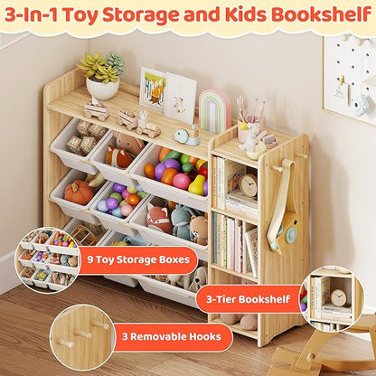 DOREROOM Toy Storage Organizer with Bookshelf, Kids Toy Storage and Organizers with 3 Shelves/9 Bins/3 Hooks, Bin Shelf, Toy Organization for Playroom, Nursery, Bedroom, Toddler Room | Wood & White