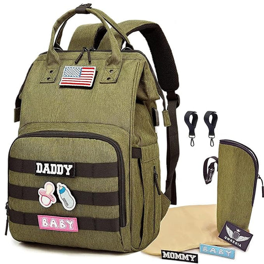 Diaper Bag Backpack for Dad and Mom with USB Charging Port Stroller Straps and Insulated Pocket,army military Travel Nappy Backpack for daddy mommy (Green)