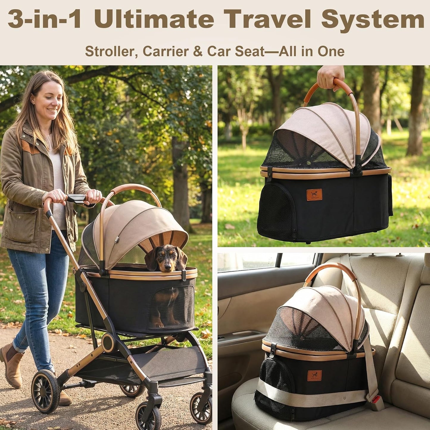 Premium Dog Stroller for Small & Medium Dogs, 6 in 1 Luxury Foldable Pet Stroller with Detachable Carrier, Travel Cat Stroller with 360° Rotating Wheels, Detachable Pet Car Seat, Black