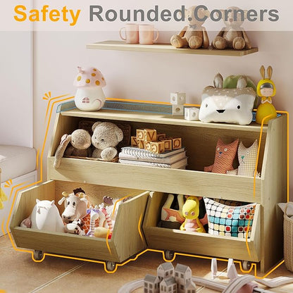 Fulhope Toy Storage Organizer for Kids, Toy Storage Cabinet with Drawers, Boys and Girls Toy Shelf with Wheels, Toy Organizer Kids Bookshelf with Storage for Nursery, Playroom, Bedroom (Burlywood)