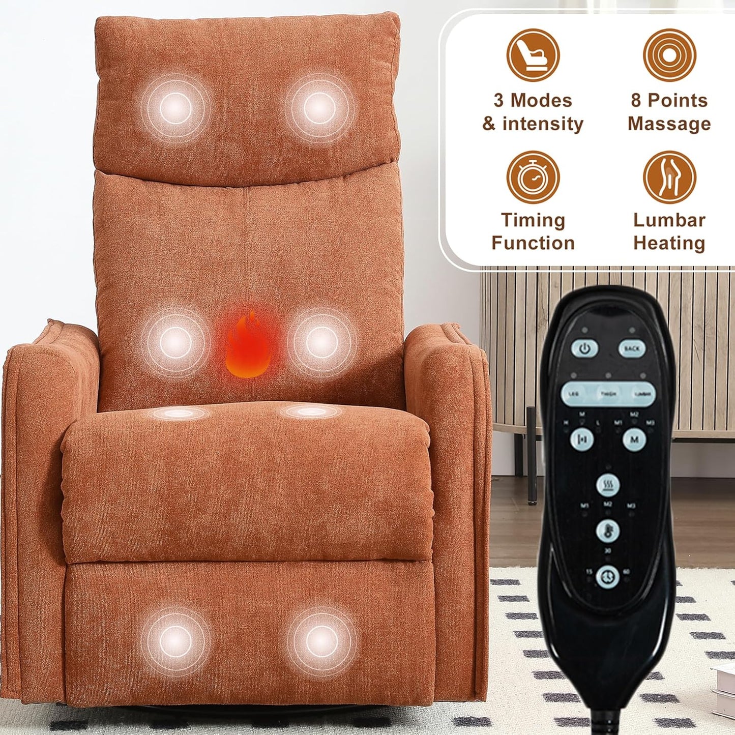 cinkehome Swivel Rocker Recliner, Glider Rocker Recliner Chair for Nursery, Manual Reclining Chair with Heated Massage, Small Spaces, Living Room, Khaki Chenille