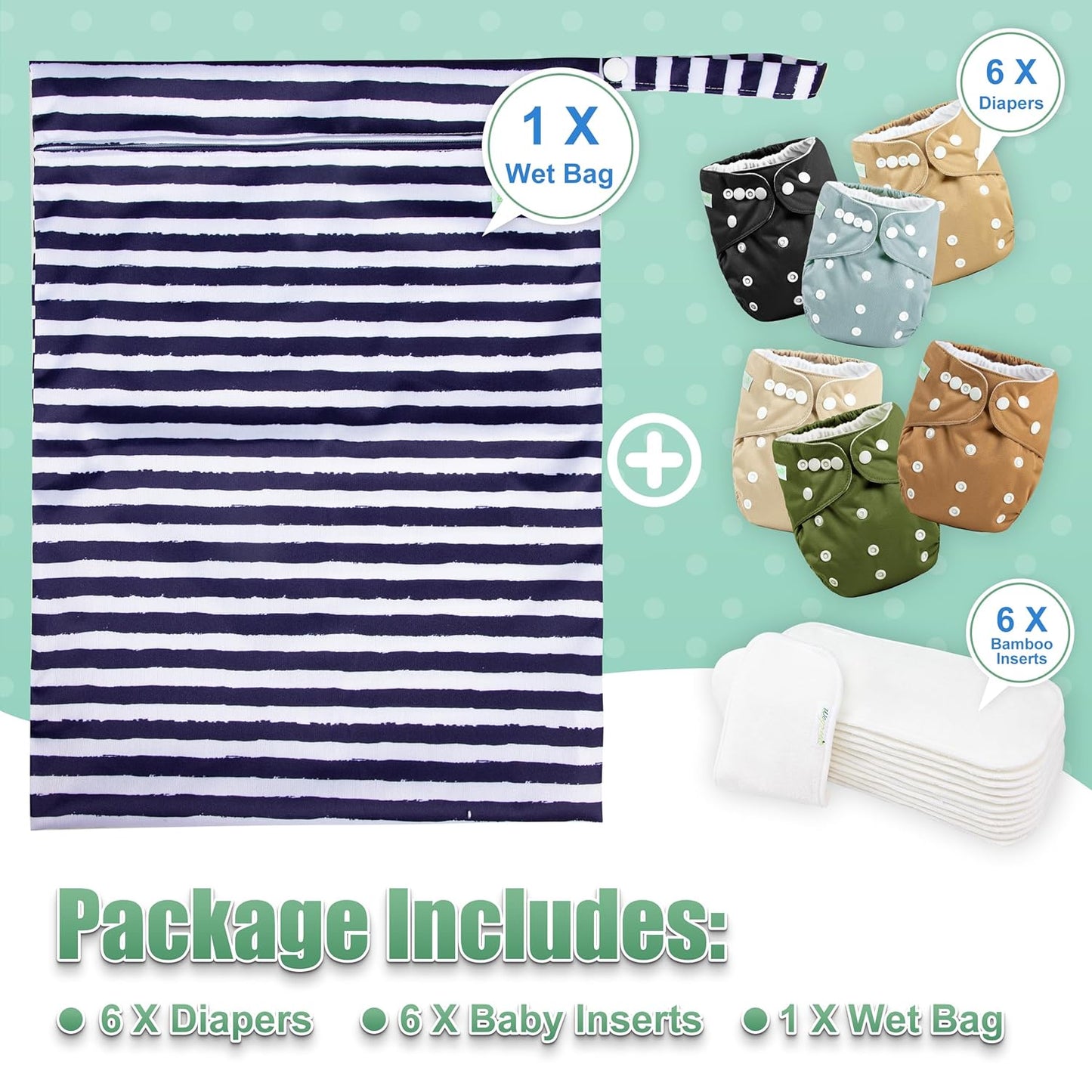 wegreeco Cloth Diapers 6 Pack with 6 Inserts & 1 Wet Bag, Washable Cloth Diapers for Babies, One Size Adjustable Reusable (Flower)