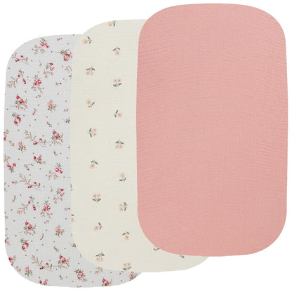 Onacosht Muslin Bassinet Sheets 3 Pack, 100% Cotton Baby Fitted Sheet 33" x 19" Compatible with Mika Micky, KoolaBaby (3 in 1), BabyBond, HARPPA and RICUTON Bedside Bassinet, Green, Floral and Cactus