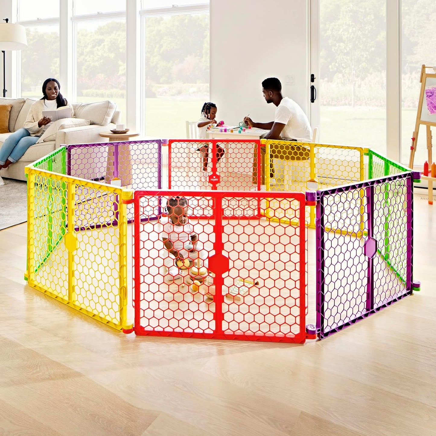 Regalo Safety 192" Super Wide Baby Gate & Play Yard, 2-in-1 Adjustable Playpen for Babies, Toddlers & Pets, Includes Wall Mount Kit, Plastic, Gray