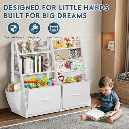 LOFTEY Kids Bookshelf and Toy Storage, Book Shelf for Kids Room, Toddler Montessori Bookshelf with 2 Drawers, Baby Book Shelf for Nursery, Toy Organizer, White