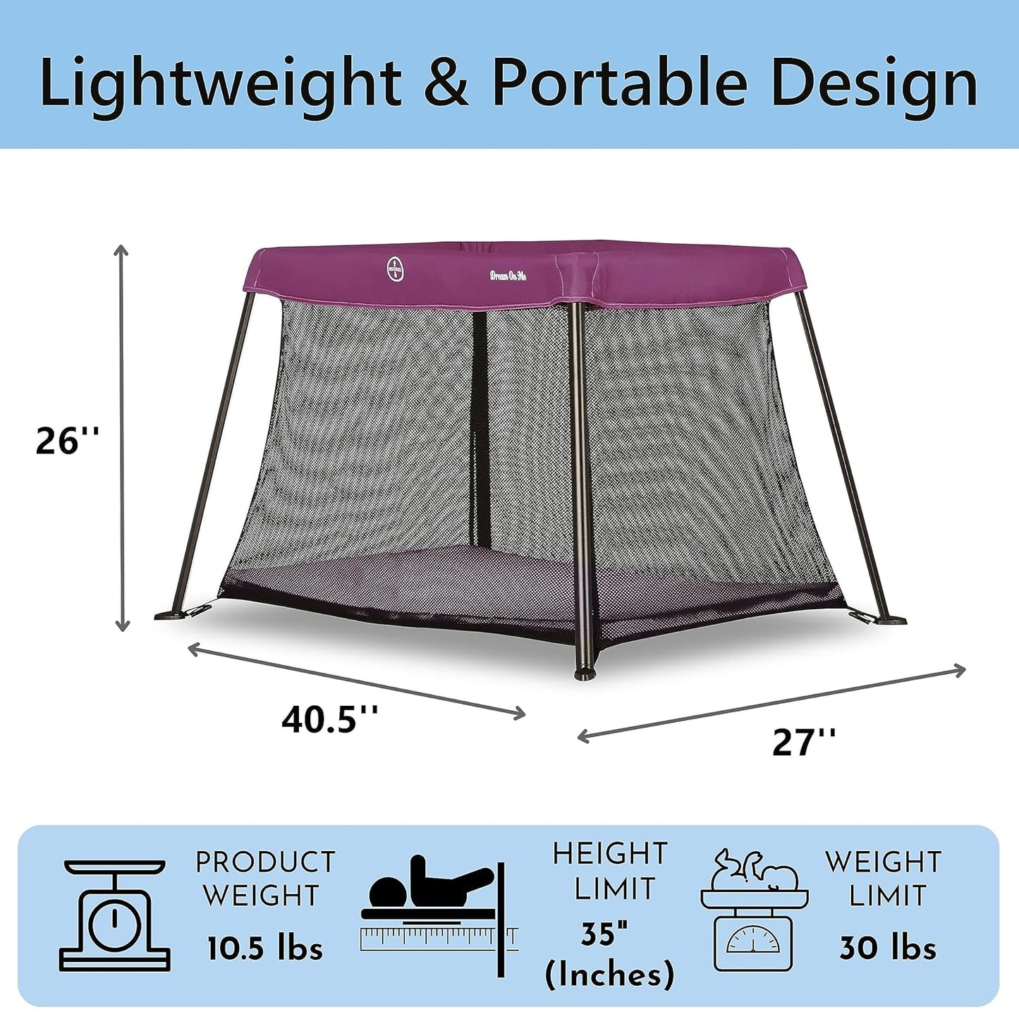 Dream On Me Travel Light Baby Playard with Zipper Access Door, Breathable Mesh Sides with Soft Comfortable Mattress, Easy Fold Design with Travel Carry Bag, Compact Space Saving Design - Grey