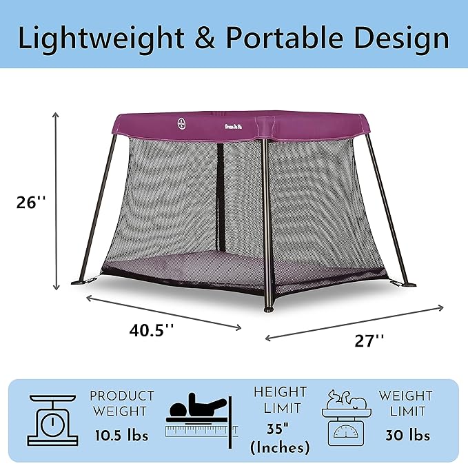 Dream On Me Travel Light Playard, Award Winning Lightweight Portable, Breathable Mesh Sides with Soft Comfortable Mattress, Easy Compact Fold Design with Travel Carry Bag – Purple