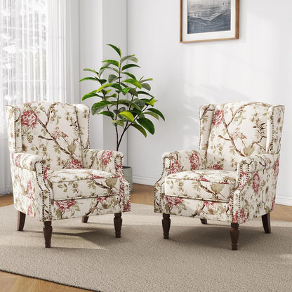 Swivel Rocker Recliner Chair, Manual Nursery Glider Recliner, Floral Fabric Wingback Accent Chair with Adjustable Backrest & Footrest for Small Spaces Living Room Bedroom (Plants Floral, Set of 1)
