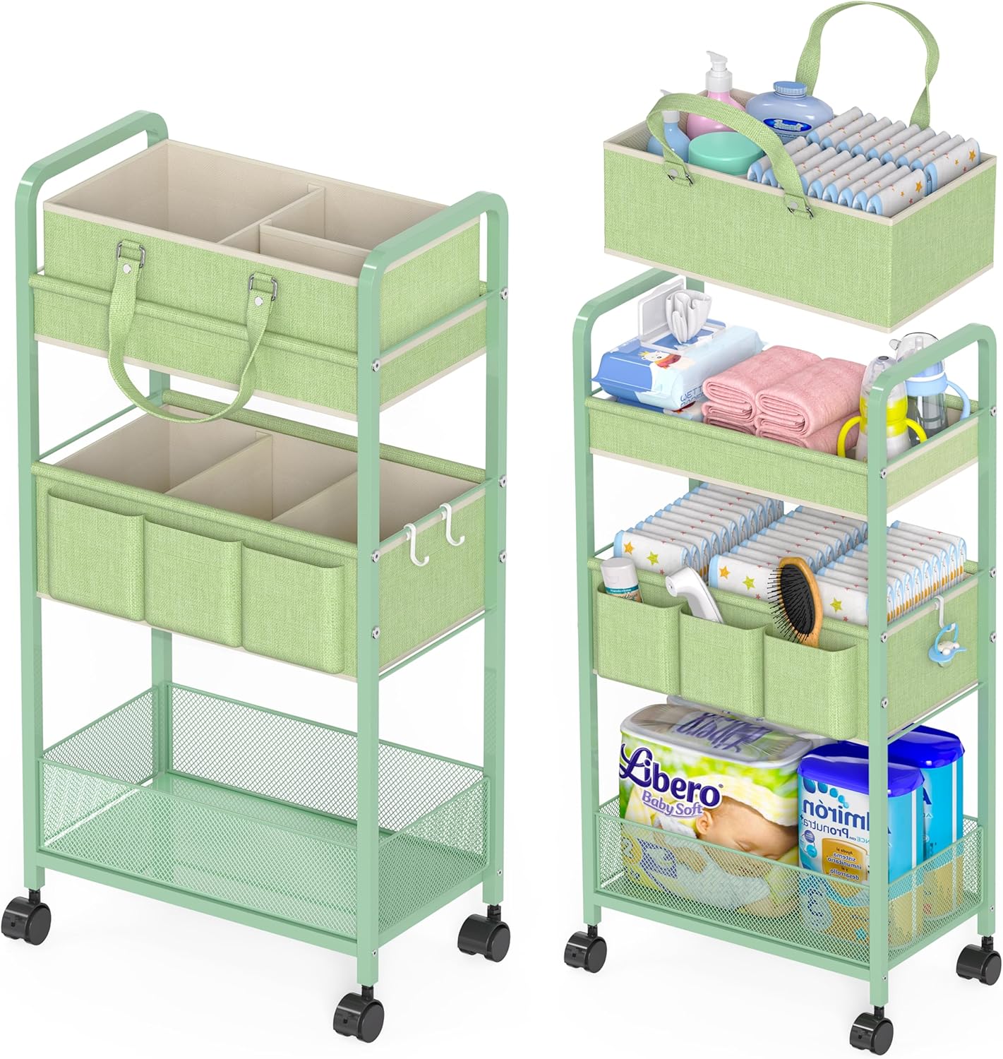 LIDTOP 2In1 Baby Diaper Caddy & 3-Tier Rolling Diaper Cart, Diaper Caddy Organizer Cart with Dividers, Mobile Metal Utility Cart for Nursery Essentials, Detachable Bedside Cart, Large Capacity
