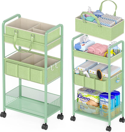 LIDTOP 2In1 Baby Diaper Caddy & 3-Tier Rolling Diaper Cart, Diaper Caddy Organizer Cart with Dividers, Mobile Metal Utility Cart for Nursery Essentials, Detachable Bedside Cart, Large Capacity