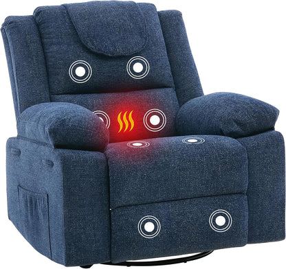 Adults Oversized Rocking Nursery Glider Recliner Chair,360° Swivel Rock Recliner Chairs Single Sofa with Vibration Massage and Heating for Living Room/Bedroom,Blue