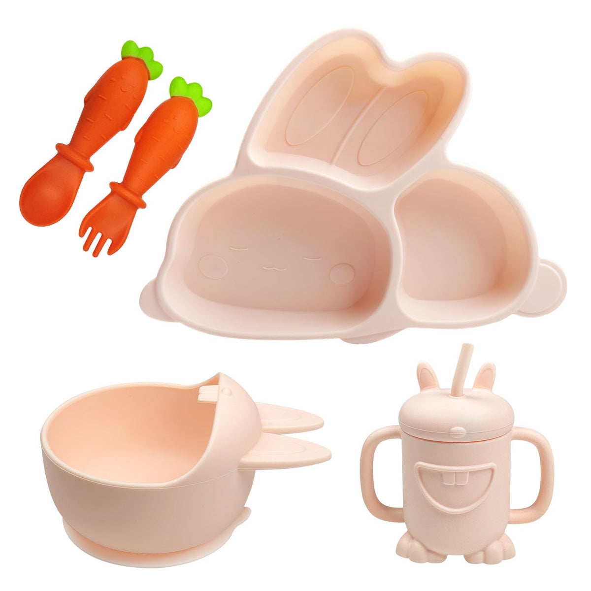 Cute Rabbit Silicone Baby Feeding Set, Baby Led Weaning Supplies, Rabbit Shapes Toddler Suction Plate and Bowl with Spoon Fork Sippy Cup, Self Feeding Silicone Tableware