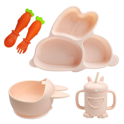 Cute Rabbit Silicone Baby Feeding Set, Baby Led Weaning Supplies, Rabbit Shapes Toddler Suction Plate and Bowl with Spoon Fork Sippy Cup, Self Feeding Silicone Tableware